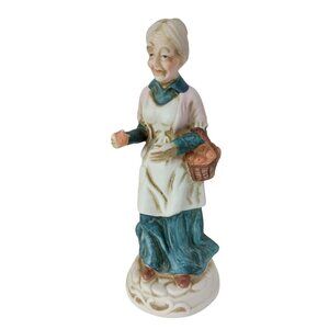 Old Lady Figurine Woman Apron Apple Basket Vintage